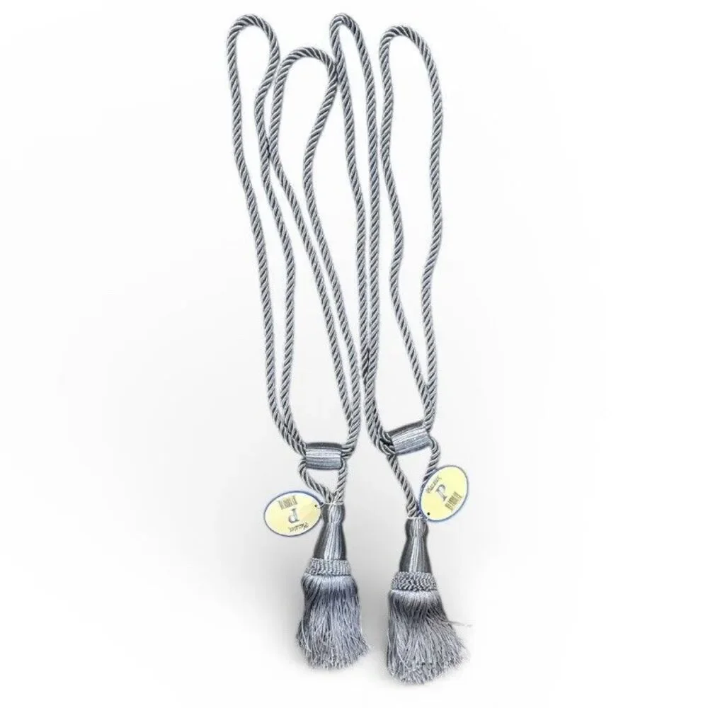 Vintage Large Window Curtain Tiebacks Silver Gray Tassel Rope Pair 24” 6” NWT